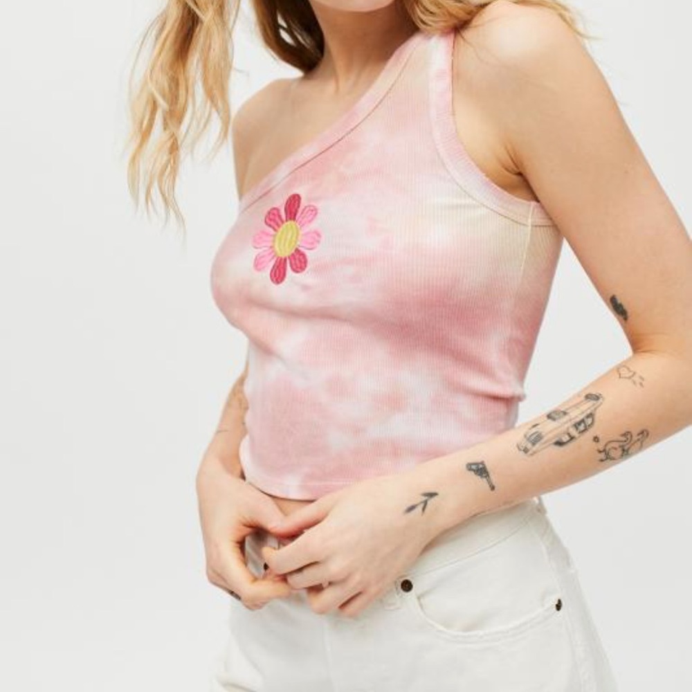 Urban Outfitters Tank Top Tie Dye Embroidered Floral One Shoulder